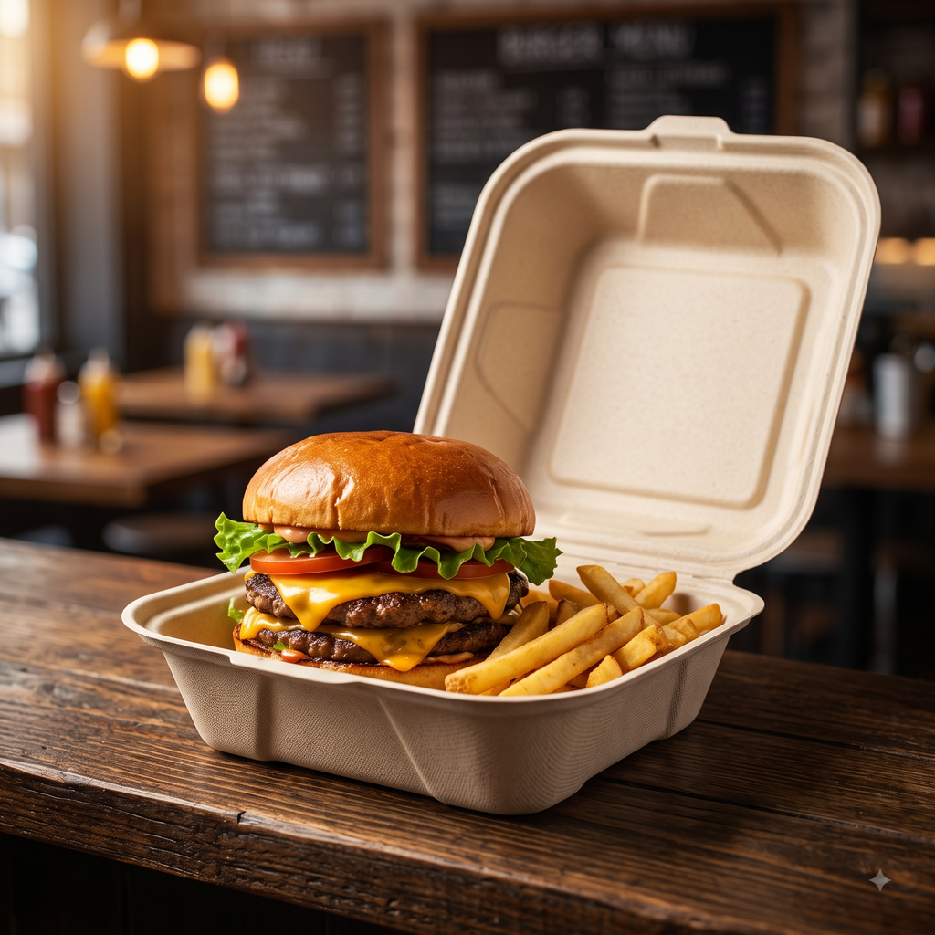 6" Compostable Burger Boxes — Hinged Bagasse Clamshells