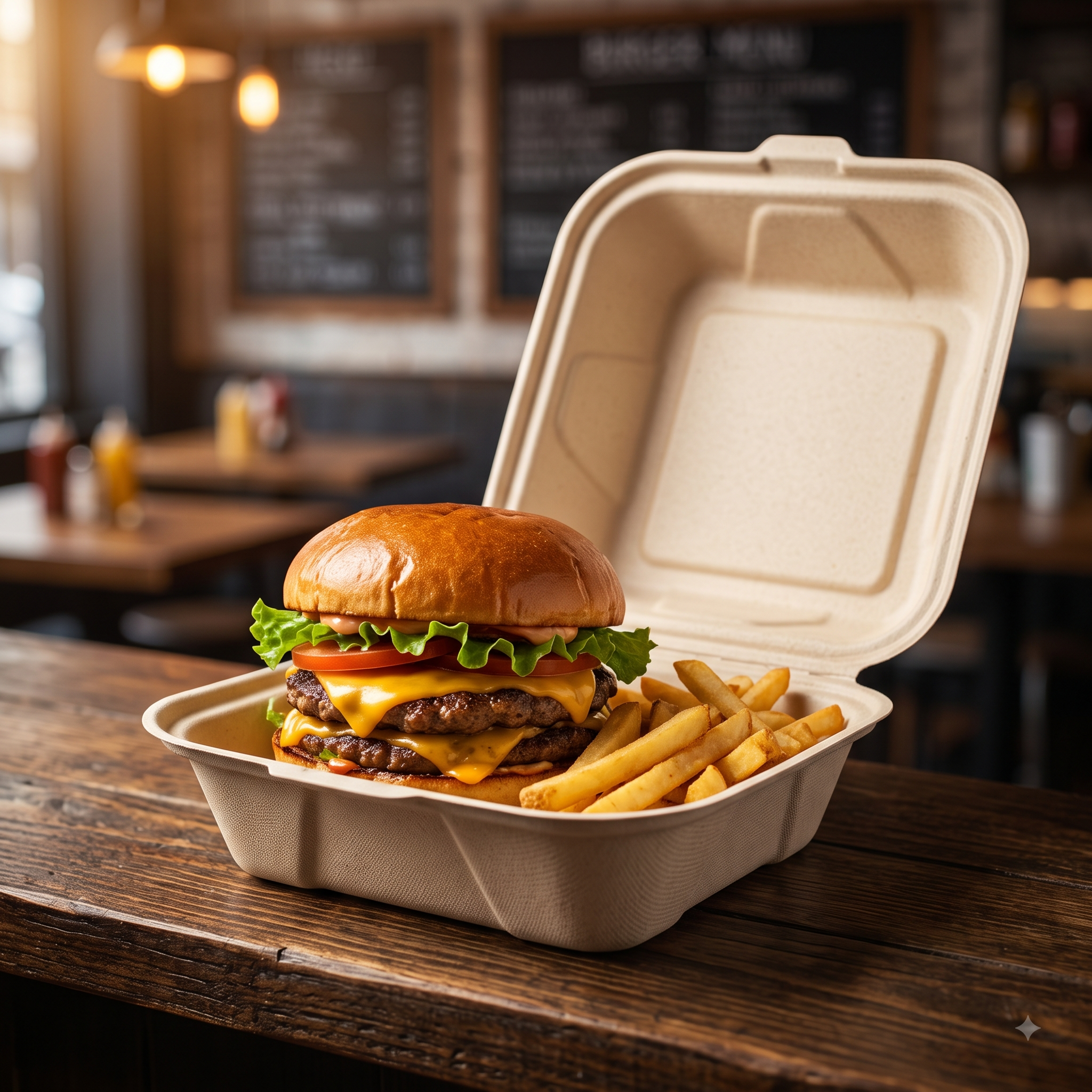 6" Compostable Burger Boxes — Hinged Bagasse Clamshells