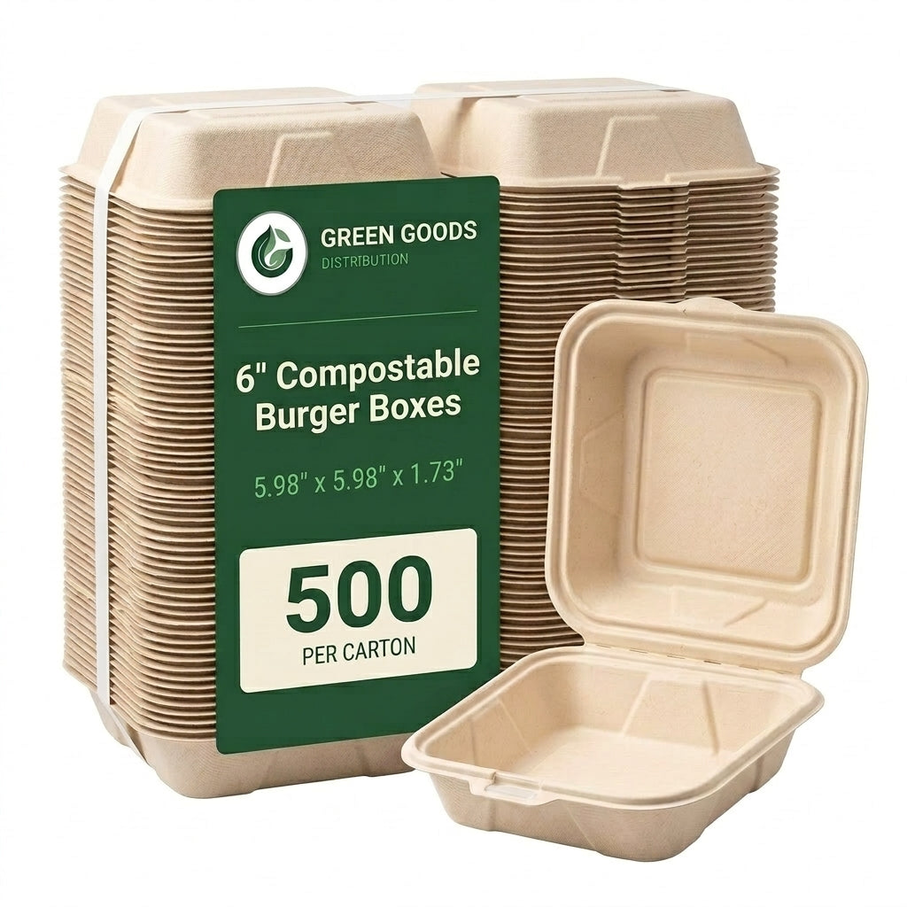 6" Compostable Burger Boxes — Hinged Bagasse Clamshells