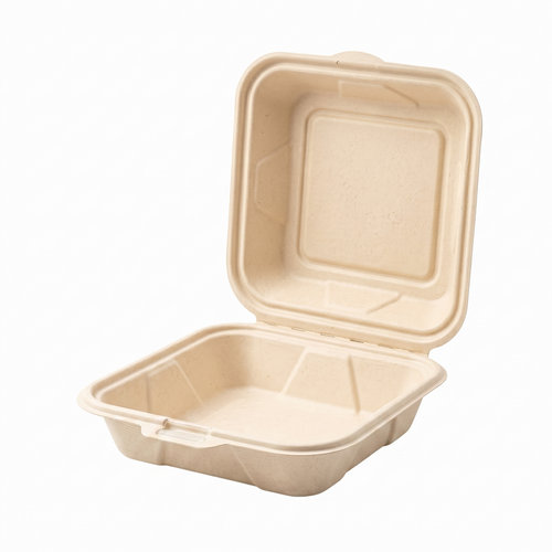 6" Compostable Burger Boxes — Hinged Bagasse Clamshells
