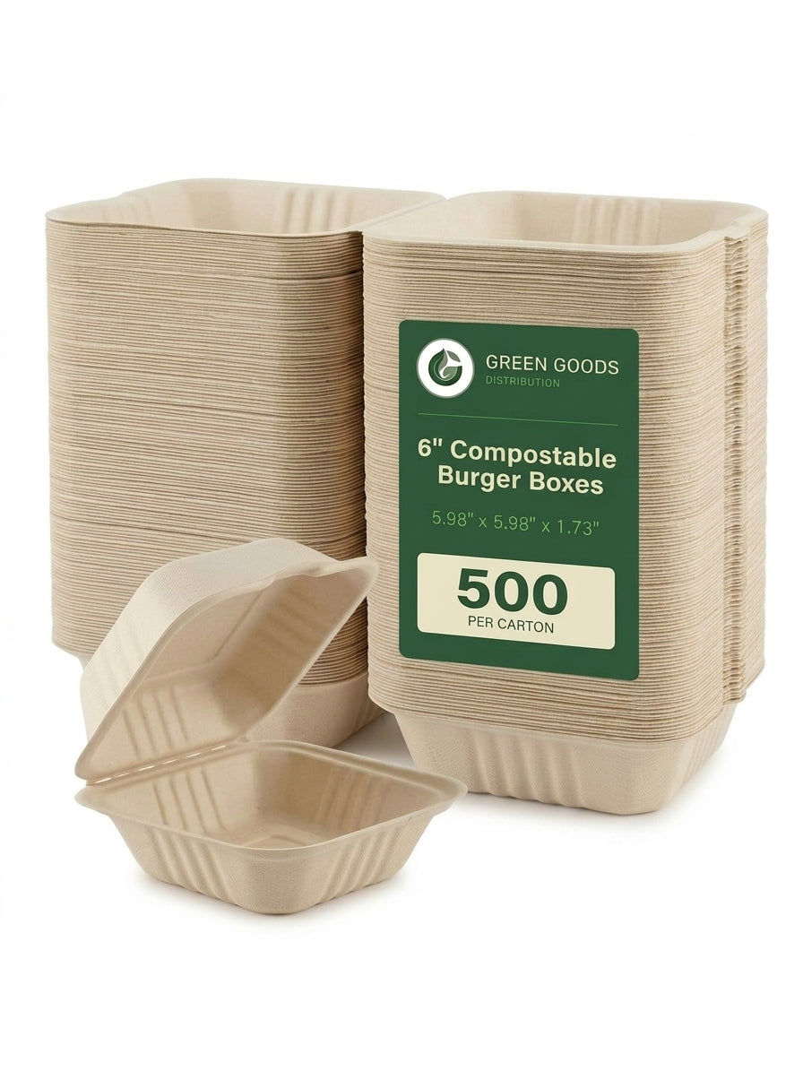6" Compostable Burger Boxes — Hinged Bagasse Clamshells