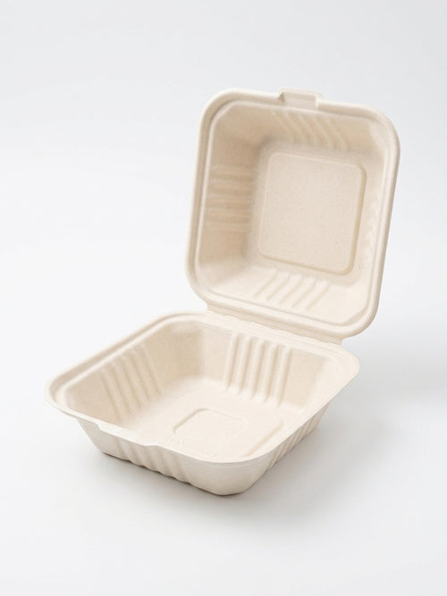 6" Compostable Burger Boxes — Hinged Bagasse Clamshells