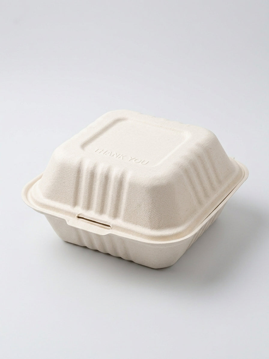 6" Compostable Burger Boxes — Hinged Bagasse Clamshells