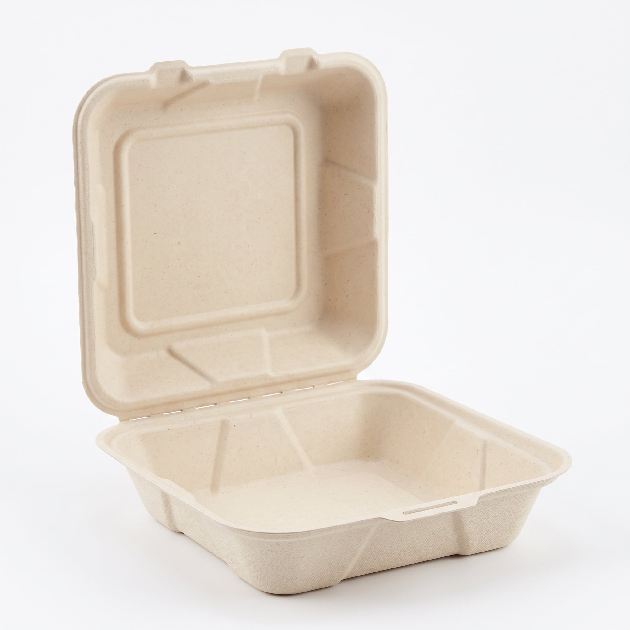 8" Compostable Clamshell — Square Bagasse Takeout Boxes