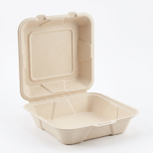 8" Compostable Clamshell — Square Bagasse Takeout Boxes