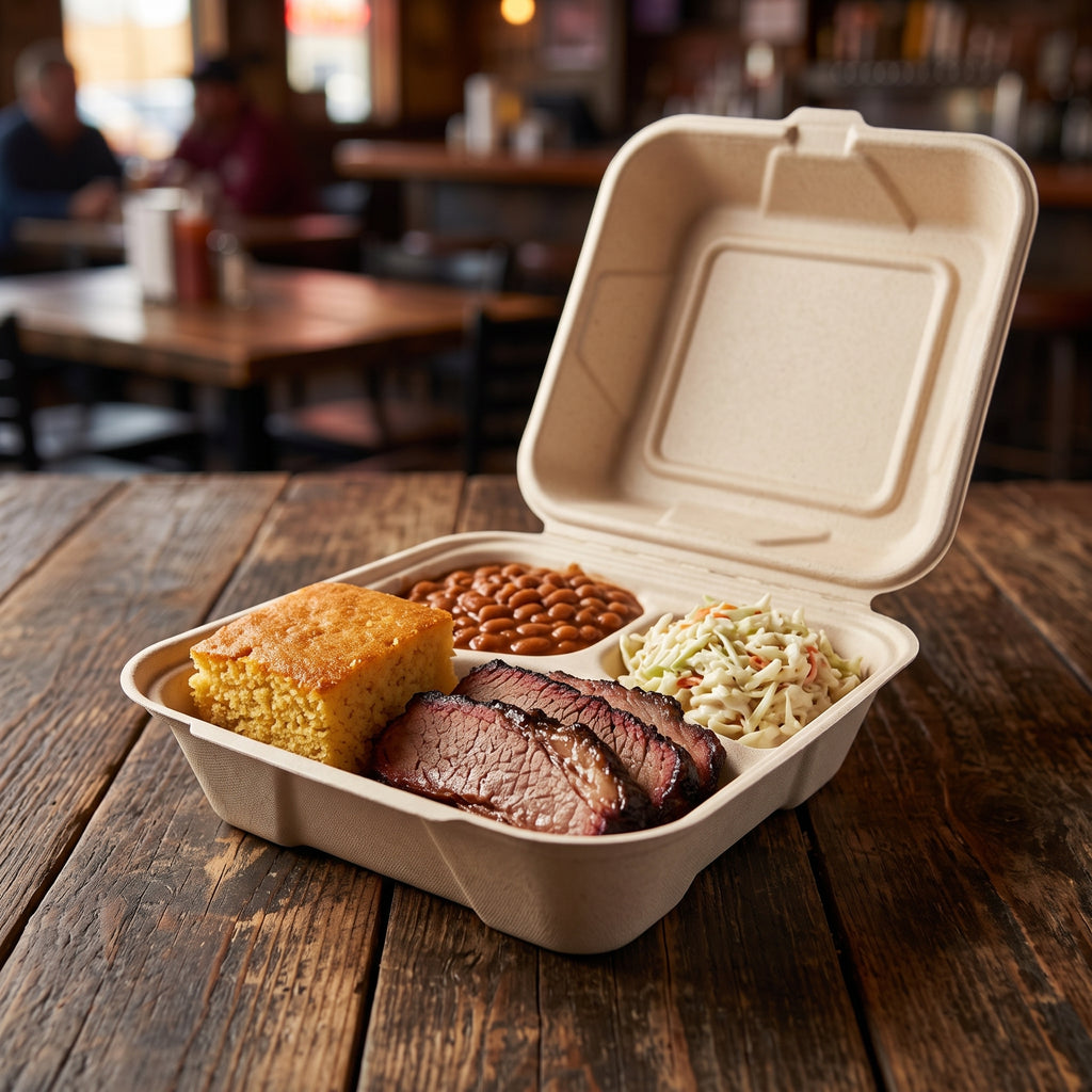 8" Compostable Clamshell — Square Bagasse Takeout Boxes