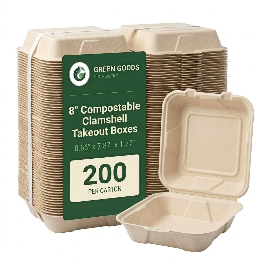 8" Compostable Clamshell — Square Bagasse Takeout Boxes