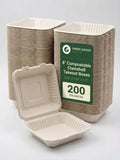 8" Compostable Clamshell — Square Bagasse Takeout Boxes