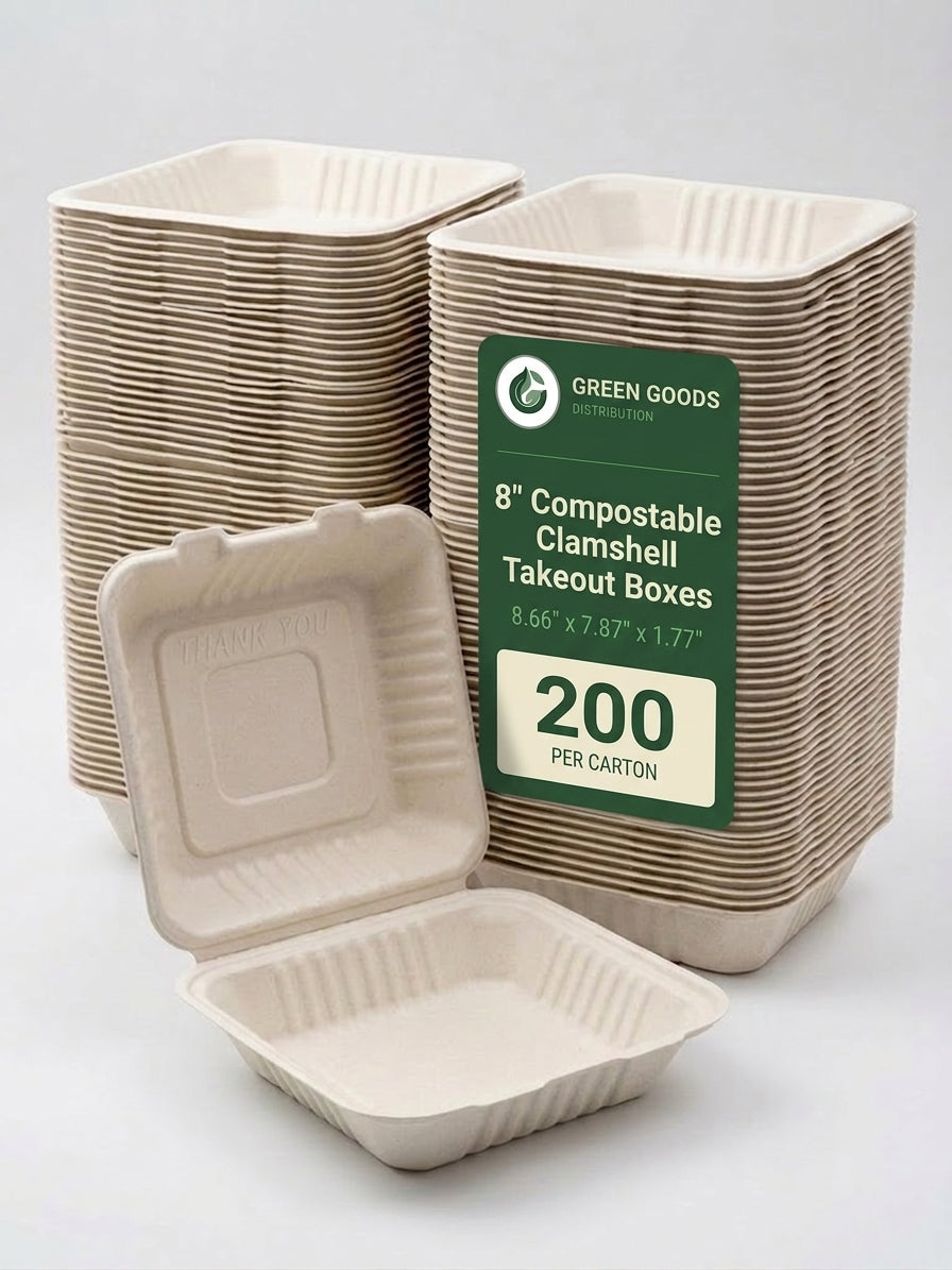 8" Compostable Clamshell — Square Bagasse Takeout Boxes
