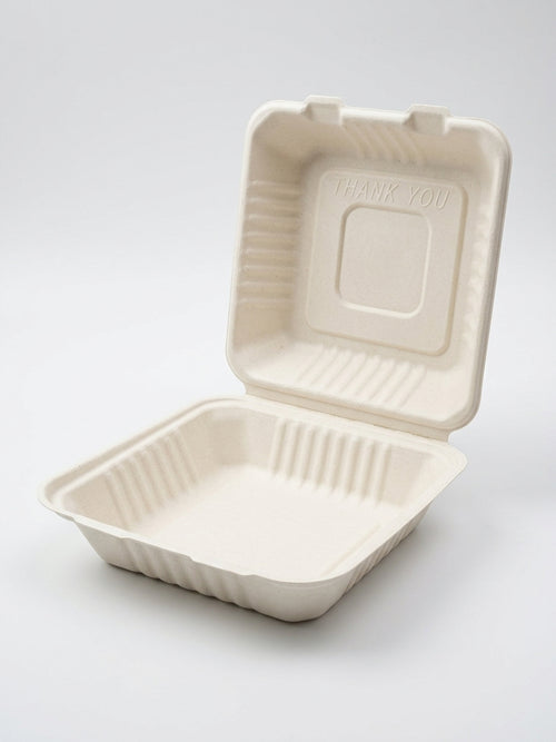8" Compostable Clamshell — Square Bagasse Takeout Boxes
