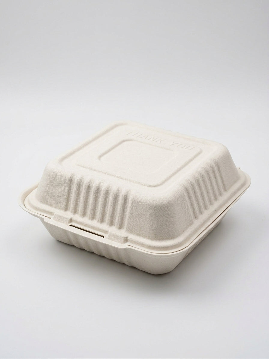 8" Compostable Clamshell — Square Bagasse Takeout Boxes
