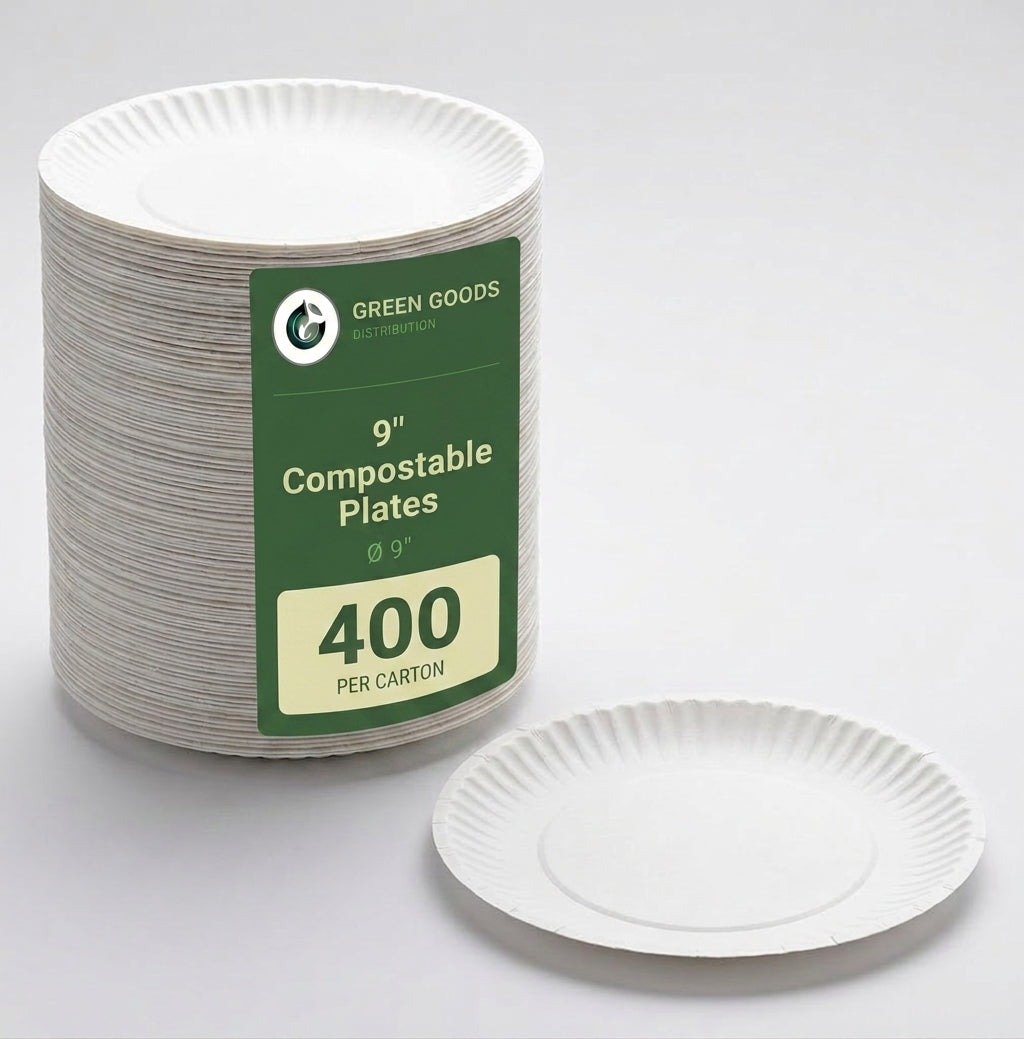 9" Compostable Plates — Heavy Duty Bagasse, Bulk 400 Pack