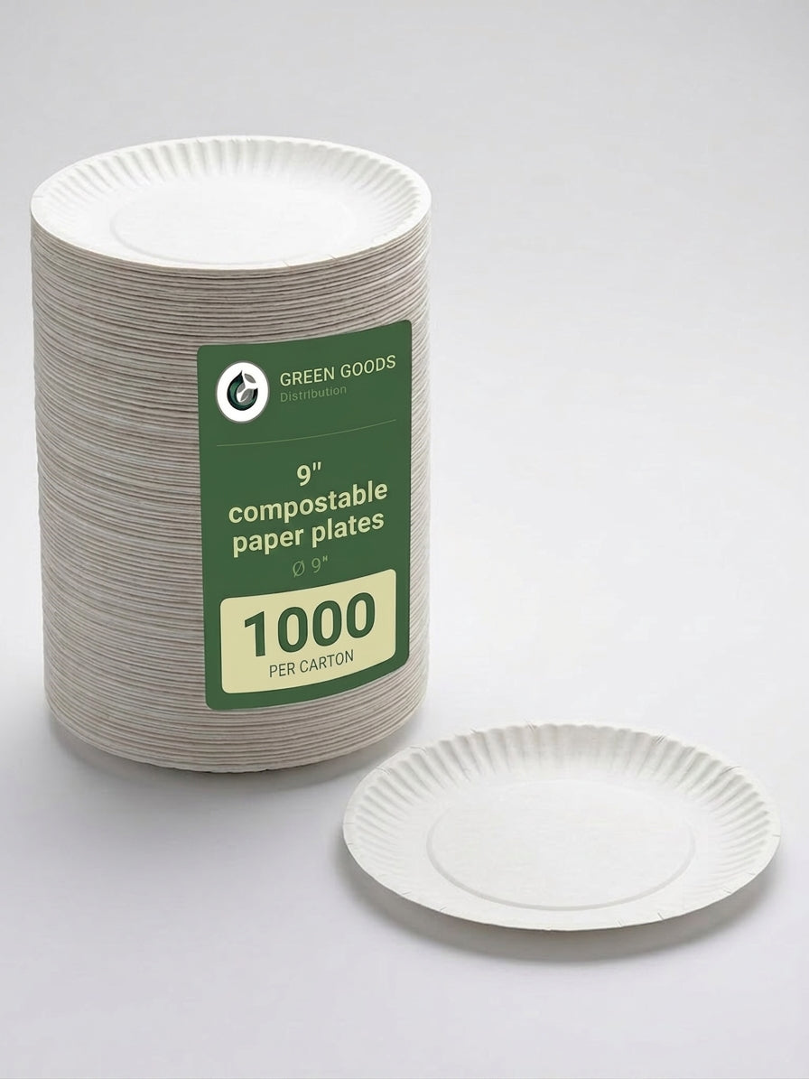 9" Compostable Paper Plates — Uncoated, Bulk 1000 Count