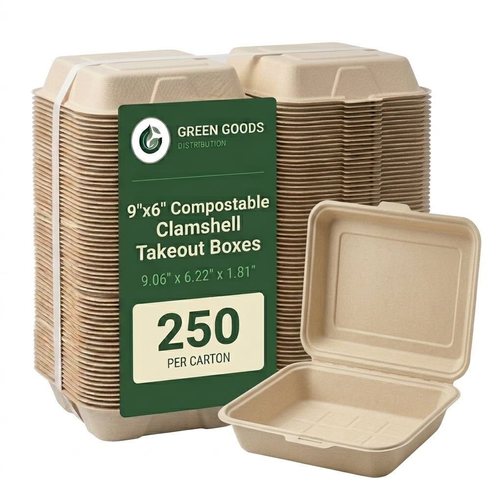 9" x 6" Compostable Clamshells — Hinged Bagasse Takeout Box