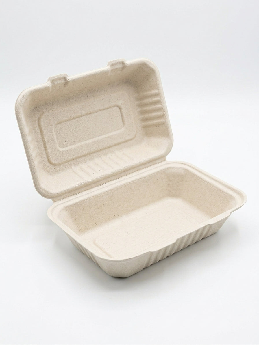 9" x 6" Compostable Clamshells — Hinged Bagasse Takeout Box