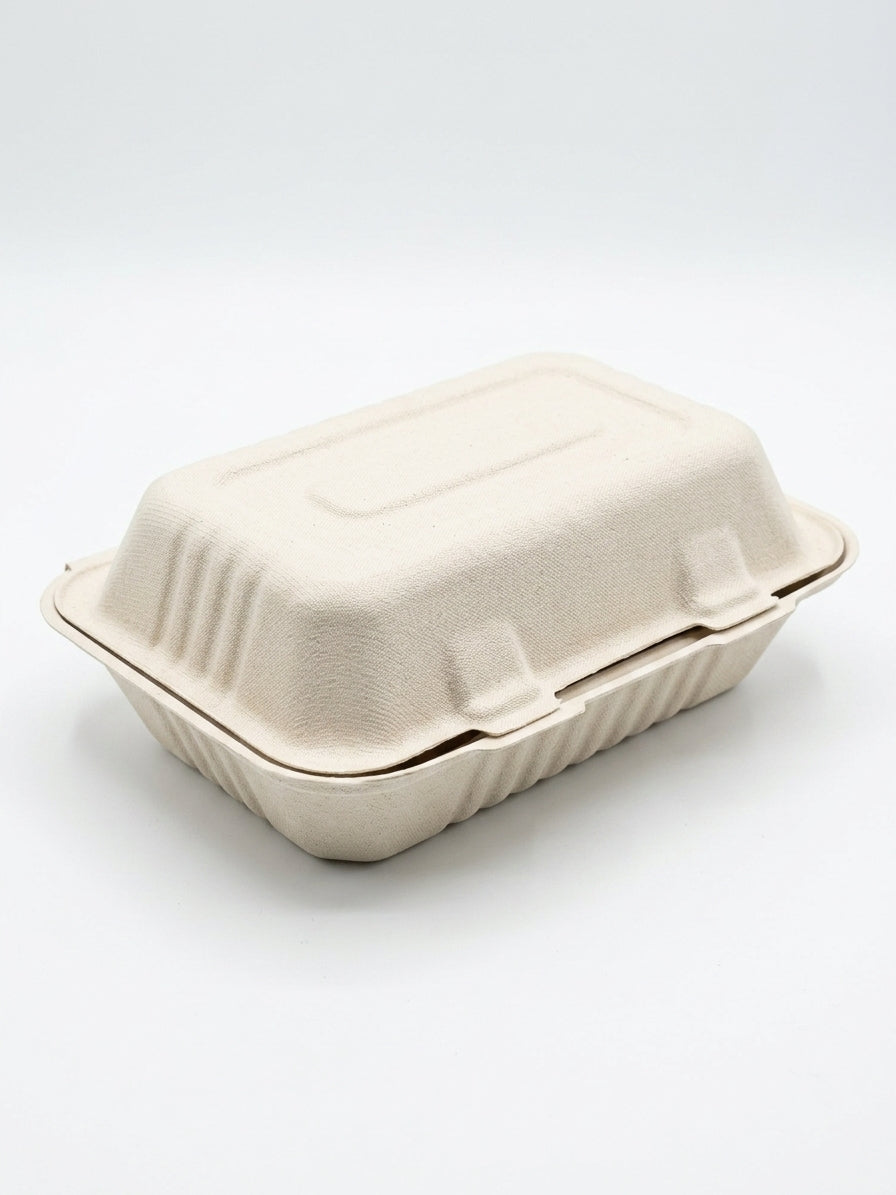 9" x 6" Compostable Clamshells — Hinged Bagasse Takeout Box