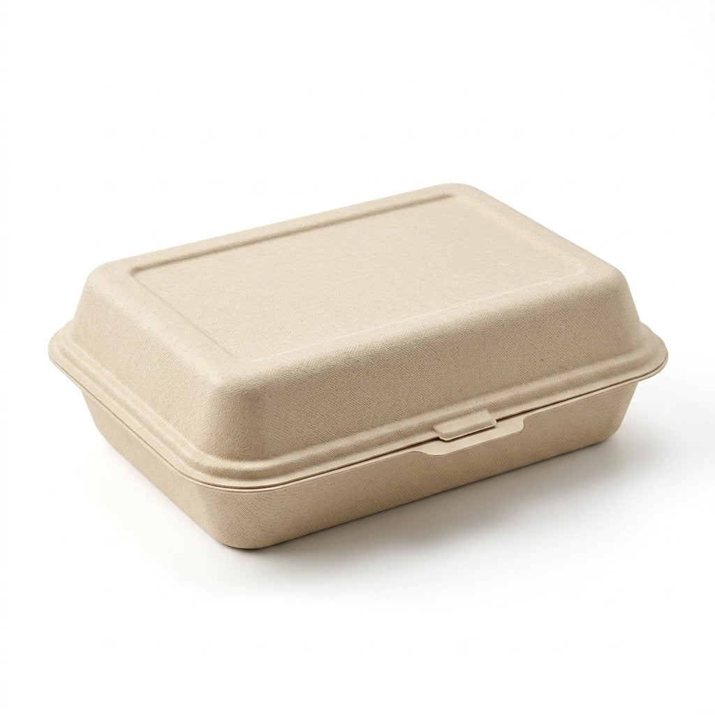 9" x 6" Compostable Clamshells — Hinged Bagasse Takeout Box