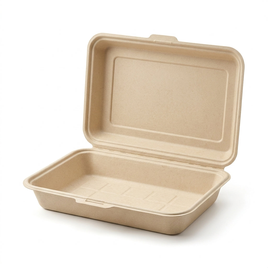 9" x 6" Compostable Clamshells — Hinged Bagasse Takeout Box