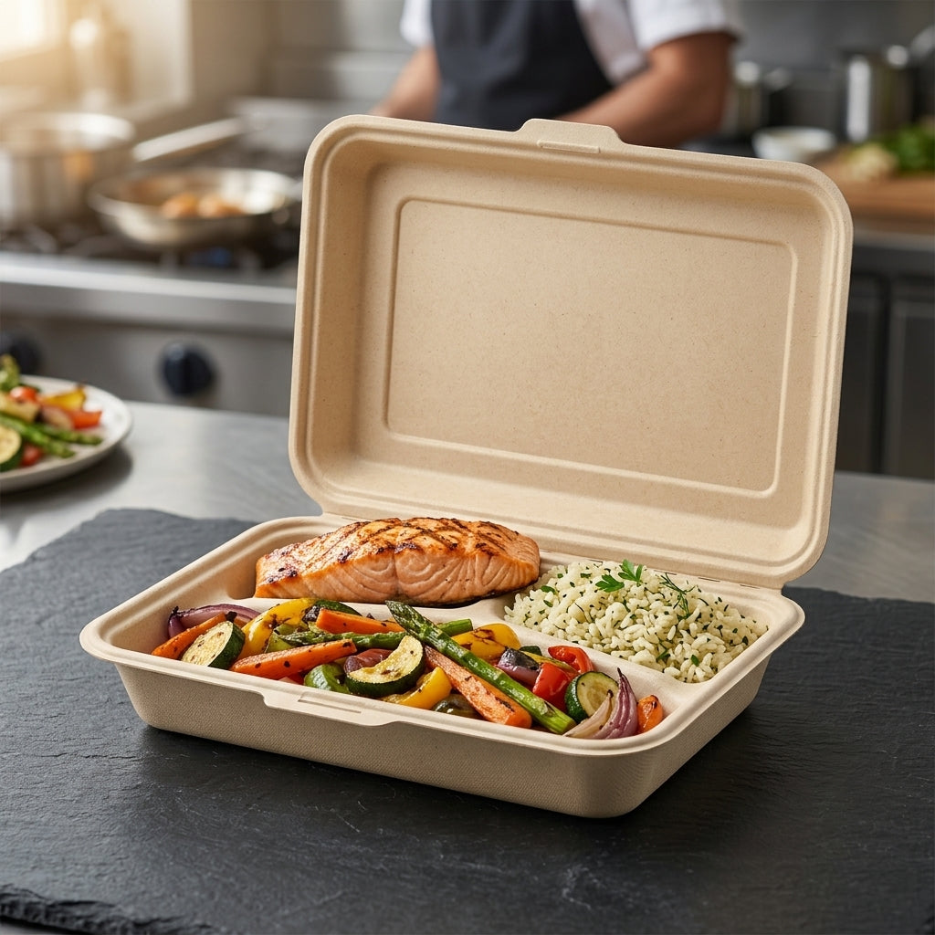 9" x 6" Compostable Clamshells — Hinged Bagasse Takeout Box